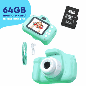 LittleLens Kids Camera mint green with 64GB memory card, USB cable, and lanyard for children aged 3 and up