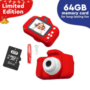 LittleLens Kids Camera red toy with 64GB memory card, USB cable, and lanyard for kids creative photography