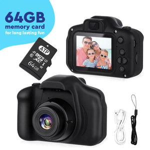 LittleLens Kids Camera with 64GB memory card, 2-inch screen, USB cable, and lanyard for children aged 3+