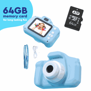 LittleLens Kids Camera in blue with 64GB memory card, USB cable, and lanyard for kids aged 3+ with a 2-inch screen and dual lens design.