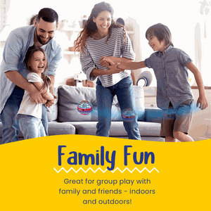Family playing indoors with Galaxy Lights Flying Magic Orb, colorful LED flying toy for group fun and hand-eye coordination.