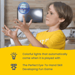 Child playing indoors with Galaxy Lights Flying Magic Orb glowing colorful lights, enhancing eye-hand coordination and fun.