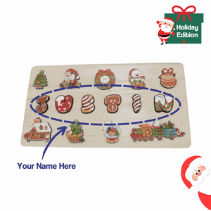 Custom Name Montessori Board Christmas edition wooden puzzle with holiday-themed pieces for kids' name spelling and learning.