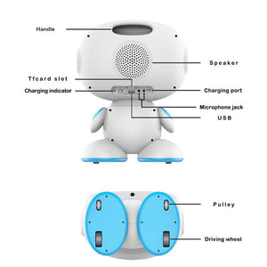 Back view of AI-Powered STEM Learning robot showing charging port, speaker, microphone jack, USB, handle, and wheels.
