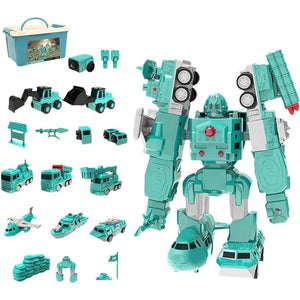 Click & Snap Magnetic Transformer Construction Set with 35 colorful magnetic pieces assembled into a vehicle and robot toy for kids ages 5+