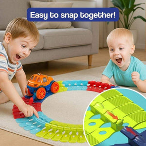 Two kids playing with colorful easy-to-snap-together LED toy cars on anti-gravity race track circle in living room