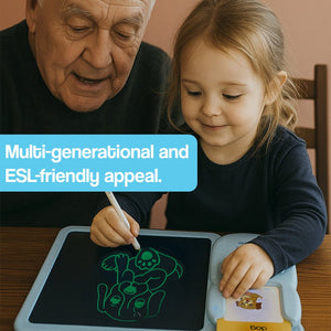Child using SmartTrace mess-free drawing board for multi-sensory learning experience with flashcard and LCD tracing