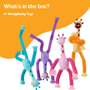 Colorful BendyBuddy Stick-Anywhere Fidget Toys with flexible tubular limbs and suction cups for creative play