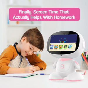 Child playing with AI robot and VR headset for immersive learning in STEM education set