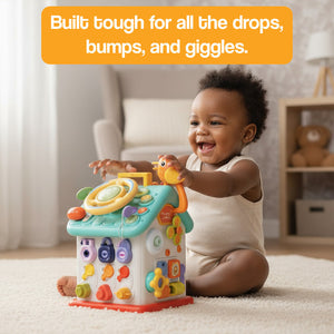 Baby playing with Montessori Busy House toy for fine motor skills development