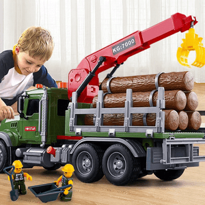 Child playing with oversized timber transport toy truck featuring a red crane and loaded with plastic logs