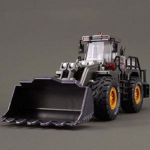 Set of alloy engineering vehicle toys including loader, bulldozer, road roller, and forklift for kids aged 4-6