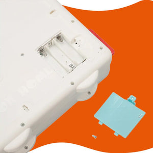 Busy Board Montessori educational toy battery compartment with cover and screw on orange background