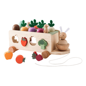 Colorful educational wooden farm toy for toddlers with shape matching features and pull-along carrots.
