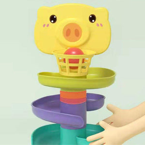 Interactive baby basketball stacking toy with colorful rings and basketball hoop