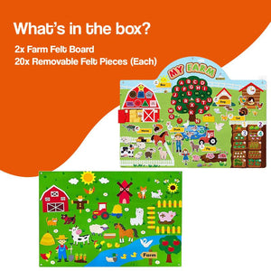 FarmPlay Velcro Learning Board Duo with colorful felt farm animals and alphabet pieces on two large boards for toddler learning and play