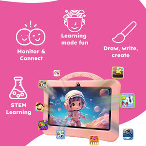 Pink shockproof learning tablet for kids with space-themed educational apps and durable astronaut case