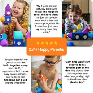 Children playing with ClickBlox soft magnetic STEM building blocks, colorful oversized foam pieces, safe for toddlers and water-friendly educational toy