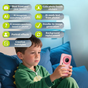 Child using pink ChatGPT powered smartphone with AI camera and creative effects features