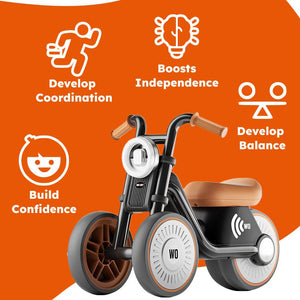 Tiny Biker Anti-Tip Light kid's balance motorcycle with sound, light, anti-tip design, and silent EVA wheels for ages 1-6.