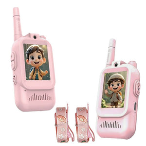 Pink Face-to-Face Video Walkie Talkie set for kids with safety lanyards and instant video chat capability