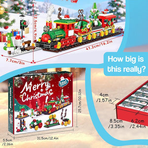 Holiday Express Train Advent Calendar 24-day buildable Christmas train with detailed dimensions and festive packaging
