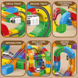 Magnetic building blocks electric track car toy with circle, magical, continuous curve, intersection, multi-level, and arched tracks for creative play.