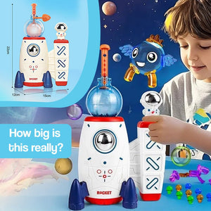 Child playing with Magic PopKit reusable balloon toy rocket set to create magical creatures with colorful accessories