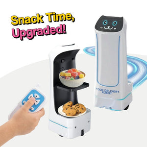 SnackBot Delivery Robo-Kitty toy with rolling wheels and light-up LED cat face for kids ages 3+