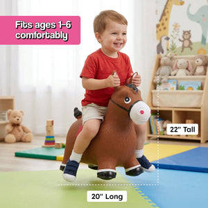 Toddler playing with My First Bouncy Pet inflatable hopper toy with easy-grip handles and burst-resistant PVC