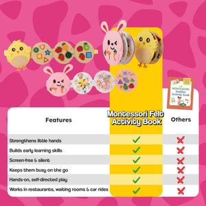 Montessori Felt Activity Book with 8 interactive felt learning pages for toddlers ages 1-4, screen-free and portable