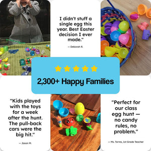 Colorful pre-filled Easter eggs with toys inside, ready for an Easter egg hunt and candy-free celebration
