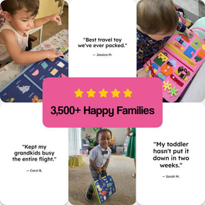 Little Hands & Big Minds Busy Book toddler activity handbag with zippers, buttons, buckles, and movable clock for ages 1-4
