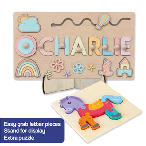 Custom Name Montessori Board with colorful easy-grab letter pieces, stand for display, and extra horse puzzle for kids learning and play