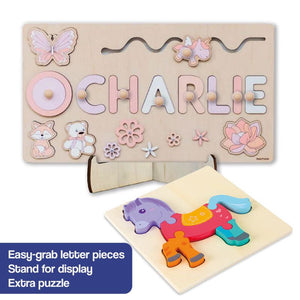Custom Name Montessori Board personalized wooden name puzzle with colorful letters and animal shapes, easy-grab pieces and display stand, educational and eco-friendly toy for children.