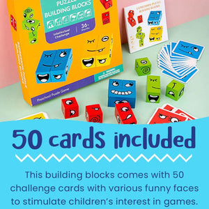 Colorful wooden expression puzzle building blocks game for kids development and cognitive skills