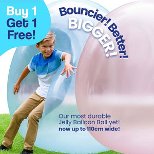 Child playing with giant jelly balloon ball outdoors, inflatable, bouncy, durable toy for active fun, buy one get one free promotion