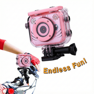 Mini Kids High-Quality Sports Camera in pink waterproof case mounted on bike bicycle bracket for outdoor activities