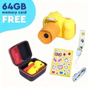 Yellow Mini Photographer Digital Camera for kids with free 64GB memory card, protective case, USB cable, lanyard, and stickers.