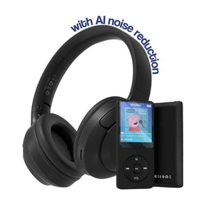 Black MP3 player with screen and wireless headset featuring AI noise reduction for kids