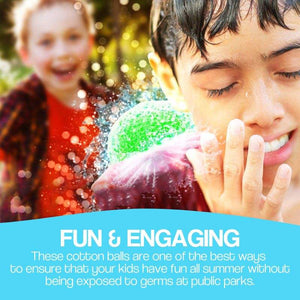 Set of reusable water inflated cotton balls in red, blue, and green for outdoor kids’ water play