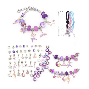 Kids bracelet-making kit with purple beads, metal spacer charms, adjustable chains, and colorful cords for creative jewelry crafting.