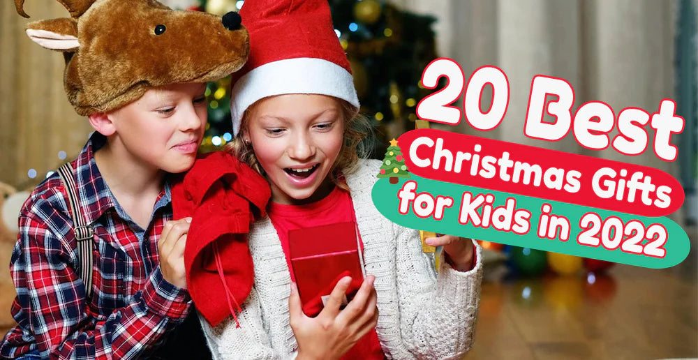 Two excited kids with festive hats opening a Christmas gift with text "20 Best Christmas Gifts for Kids in 2022" in bright holiday colors