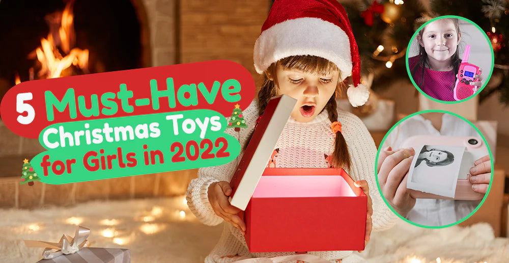 Young girl in Santa hat surprised opening glowing Christmas gift box with images of kids using instant print camera and walkie-talkie toys, festive holiday setting