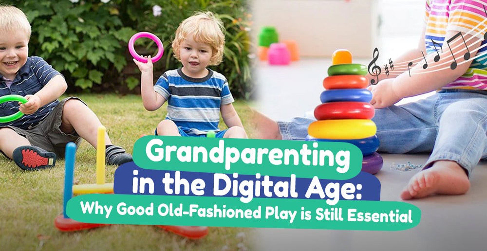 Two toddlers playing with colorful ring toss toys outdoors and indoors, highlighting the importance of old-fashioned play in grandparenting.