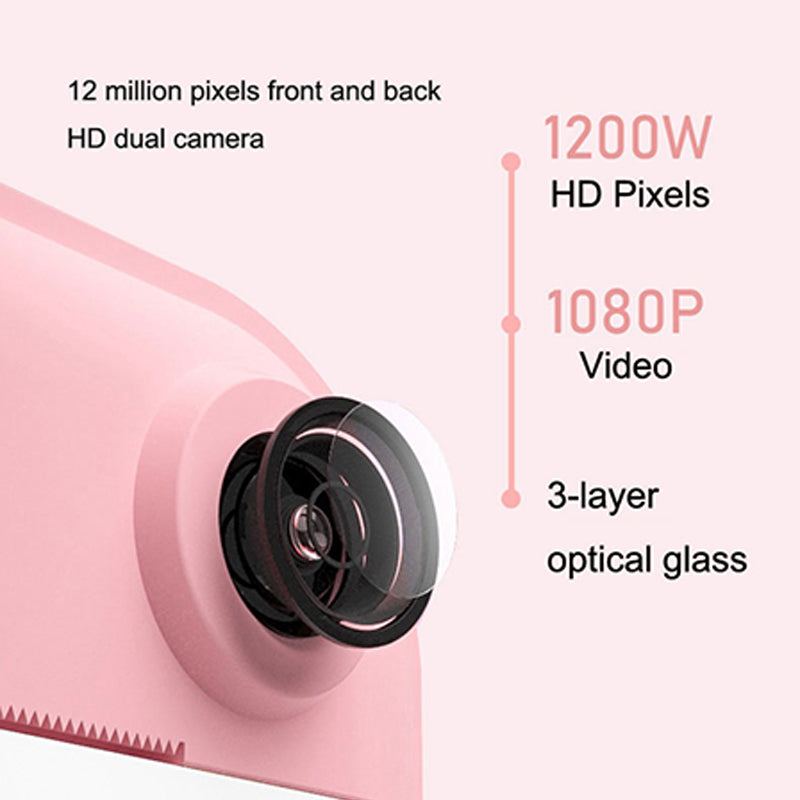 Kid Instant Print Camera close-up showing 12MP dual HD cameras with 1080P video and 3-layer optical glass lens in pink design