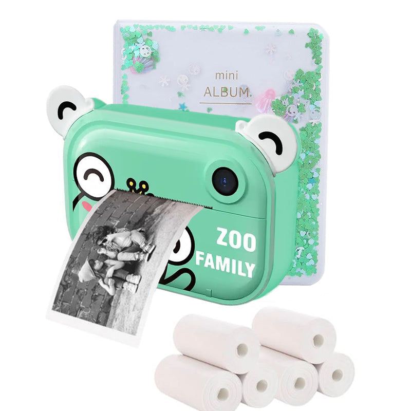 Green kid instant print camera with bear ears printing photo, photo album and thermal paper rolls
