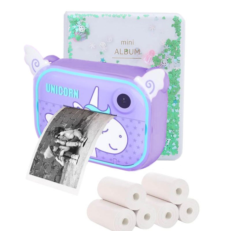 Kids instant print camera unicorn design with black and white photo, mini album, and thermal paper rolls included