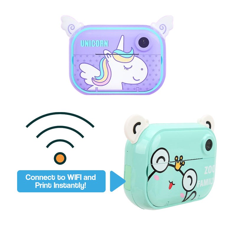 Kids instant print camera with unicorn and bear designs, WiFi connectivity for instant printing