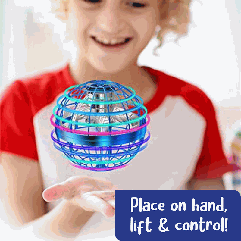 Child playing with Galaxy Lights Flying Magic Orb, colorful flying LED toy for hand-eye coordination and night fun